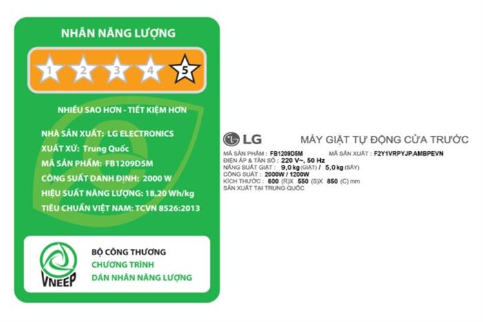 Máy giặt sấy LG Inverter giặt 9 kg - sấy 5 kg FB1209D5M - Mới 20250